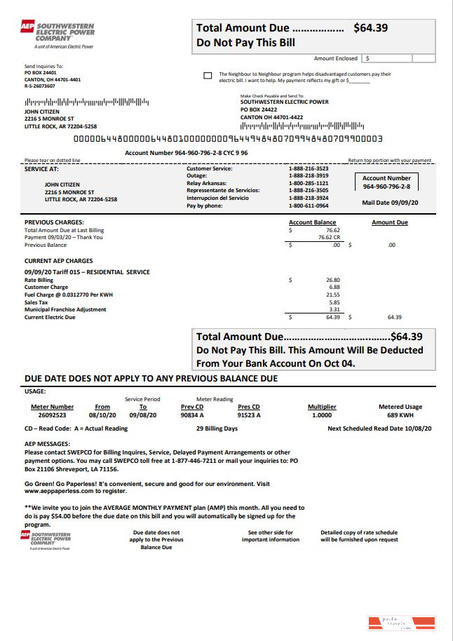 USA Louisiana AEP (Southwestern Electric Power Company) electricity utility bill template in Word and PDF format